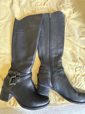 Marc Fisher Black Leather Knee Boots with Buckle Detail